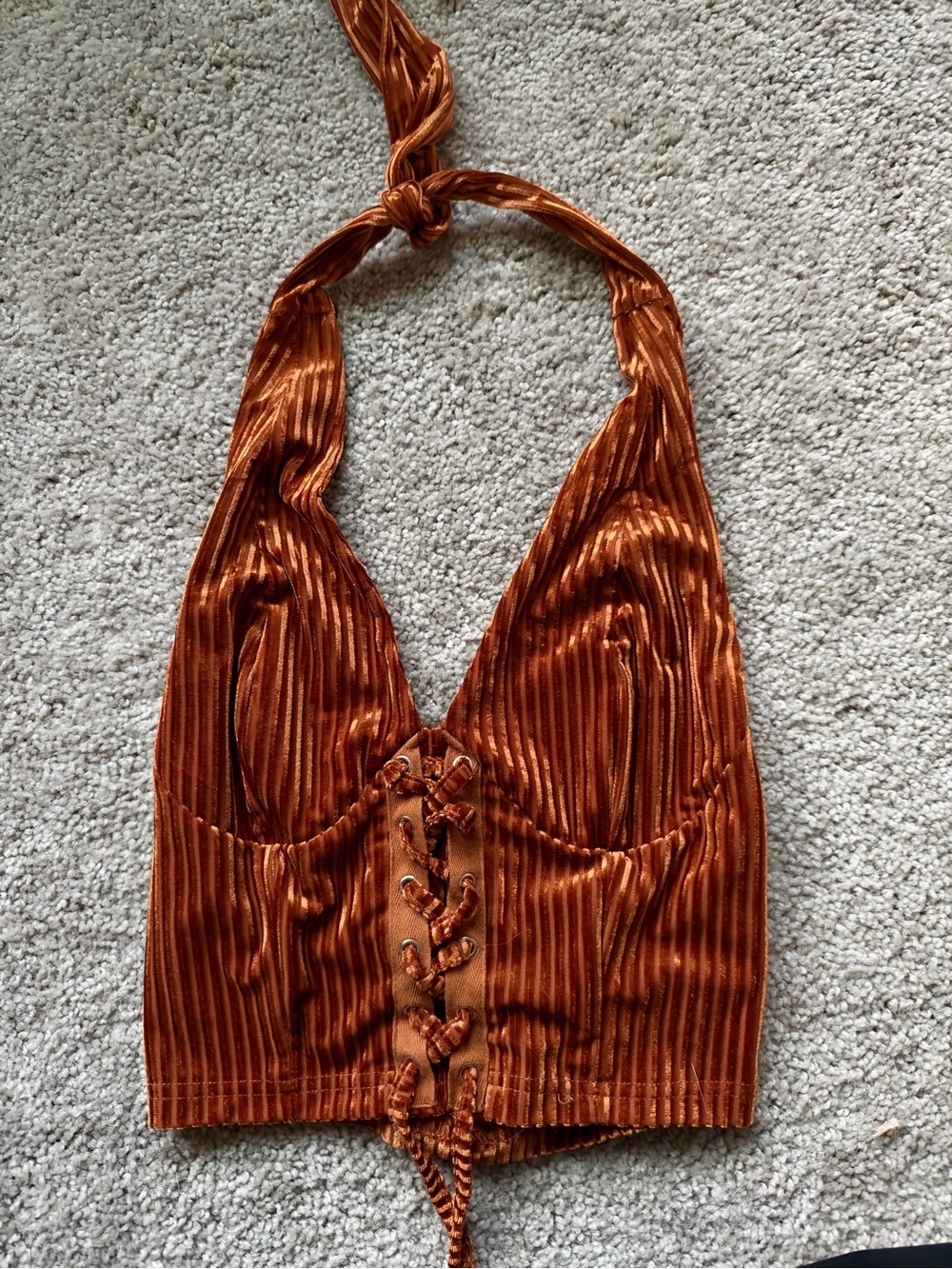 Amazon Rust Copper Halter Lace-Up Velvet Crop Top